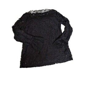 Keren Hart Black Floral Lace Bell Sleeve Blouse Boat Neck Lined Boho Gothic